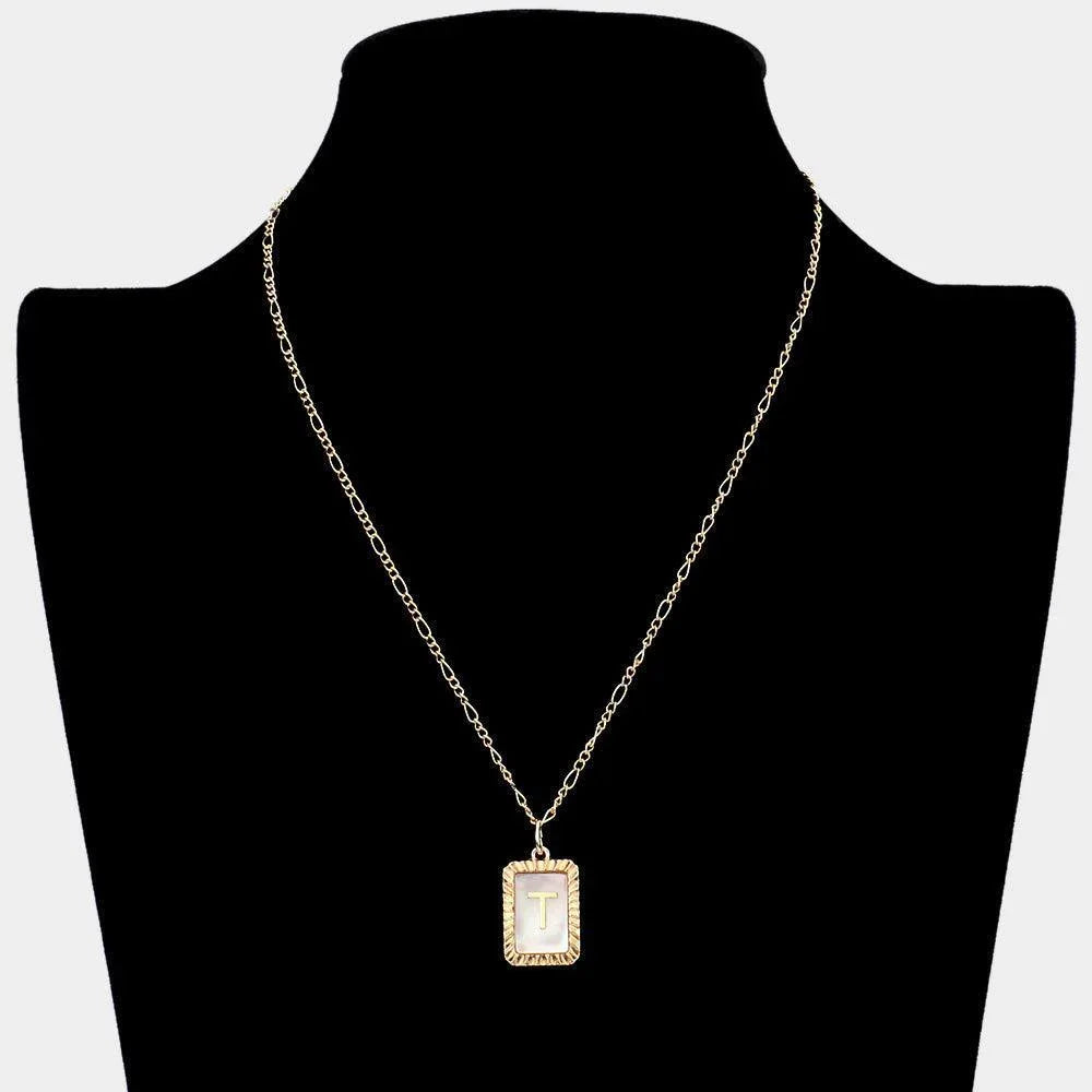 Letter T Monogram Genuine Shell Rectangle Pendant Necklace - Jewelry Store by Erik Rayo