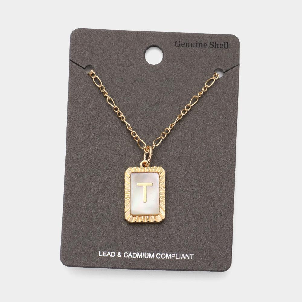 Letter T Monogram Genuine Shell Rectangle Pendant Necklace