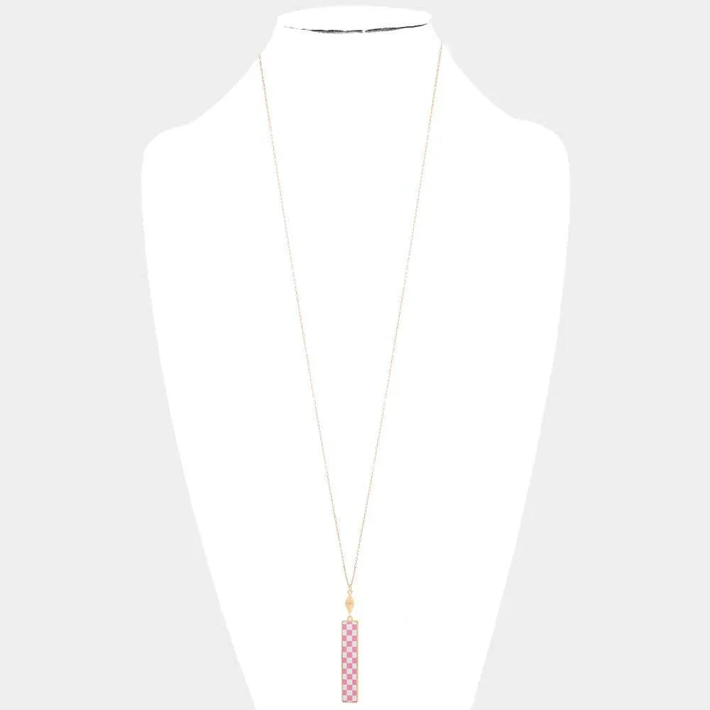 Pink Checkerboard Rectangle Pendant Long Necklace - Jewelry Store by Erik Rayo