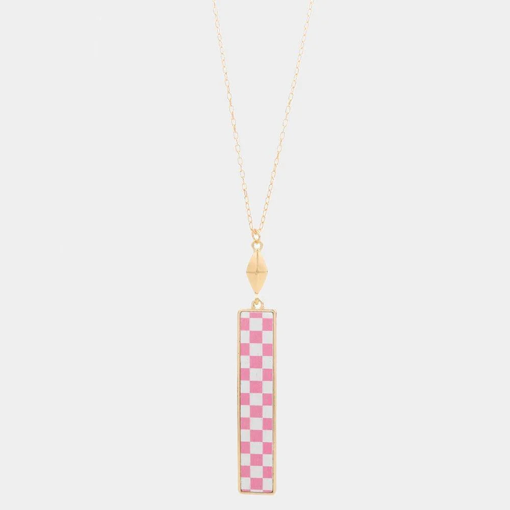 Pink Checkerboard Rectangle Pendant Long Necklace - Jewelry Store by Erik Rayo