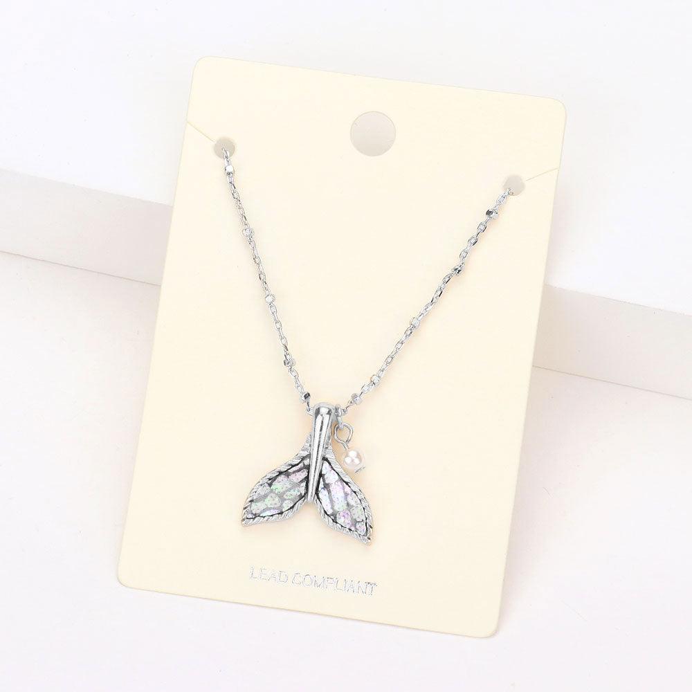 Silver Patterned Whale Tail Pearl Pendant Necklace