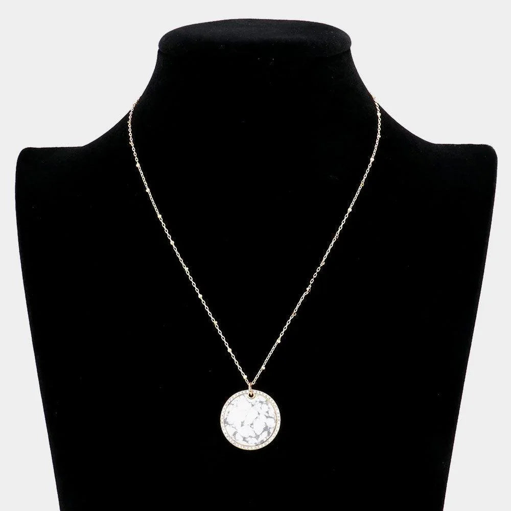 Rhinestone Trimmed Semi Precious Round Pendant Necklace - Jewelry Store by Erik Rayo