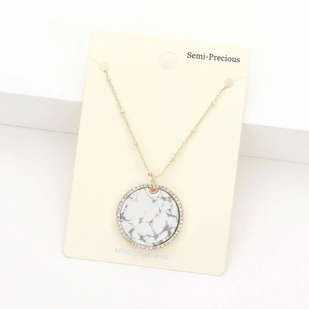 Rhinestone Trimmed Semi Precious Round Pendant Necklace - Jewelry Store by Erik Rayo