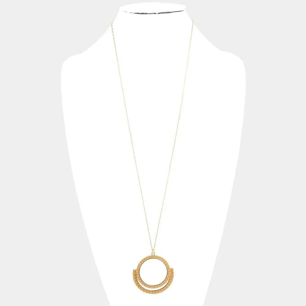 Gold Bubble Textured Geometric Open Metal Circle Pendant Long Necklace - Jewelry Store by Erik Rayo