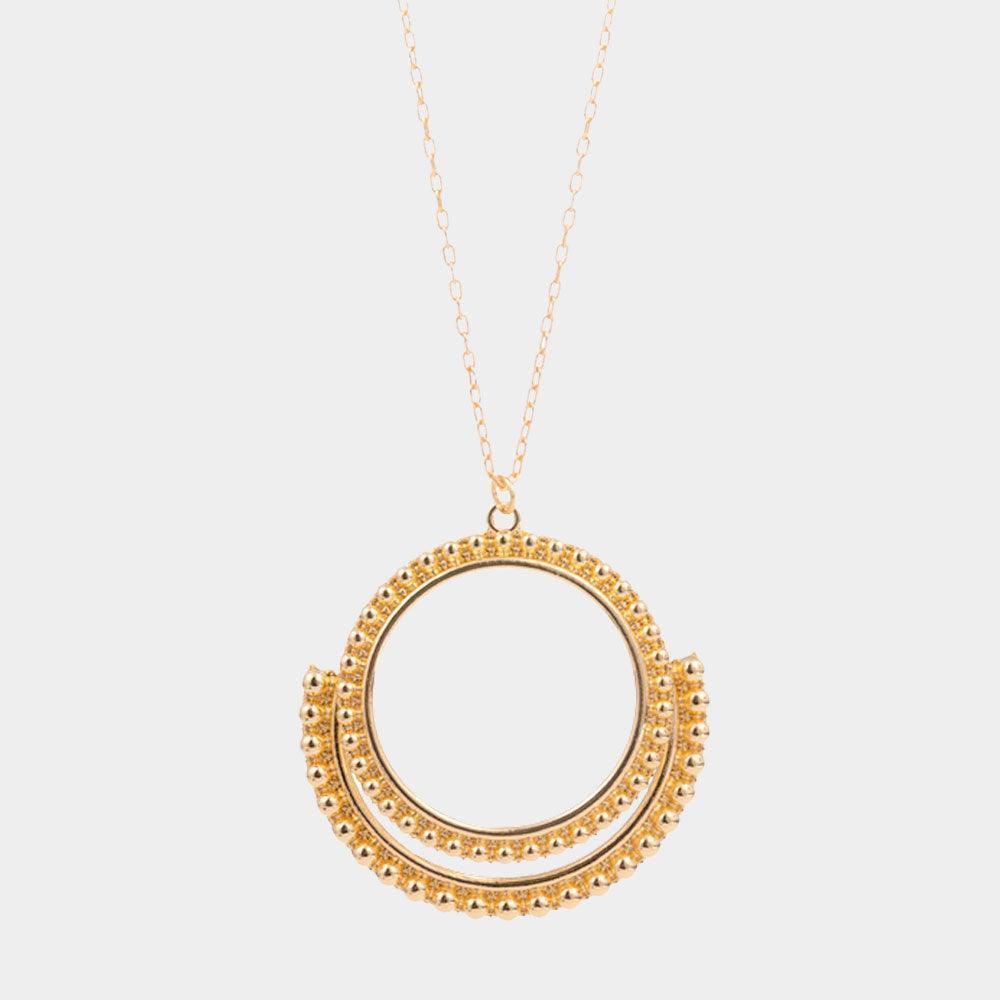 Gold Bubble Textured Geometric Open Metal Circle Pendant Long Necklace - Jewelry Store by Erik Rayo