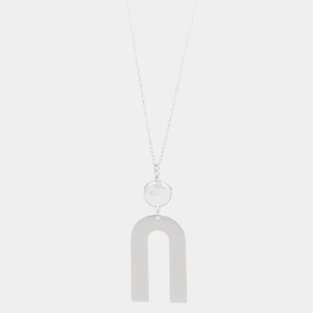 Silver Freshwater Pearl Metal Arch Link Pendant Long Necklace - Jewelry Store by Erik Rayo