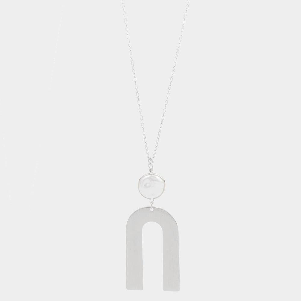 Silver Freshwater Pearl Metal Arch Link Pendant Long Necklace