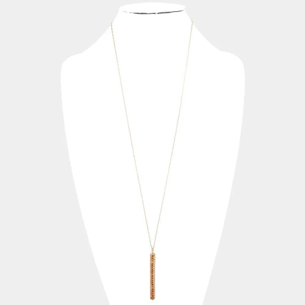 Brown Wood Beaded Open Rectangle Pendant Long Necklace - Jewelry Store by Erik Rayo