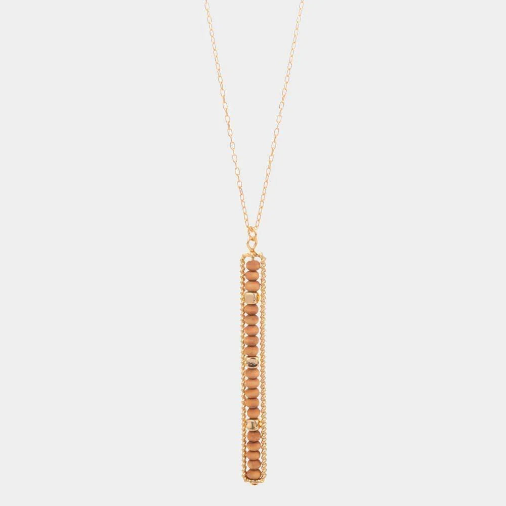 Brown Wood Beaded Open Rectangle Pendant Long Necklace - Jewelry Store by Erik Rayo