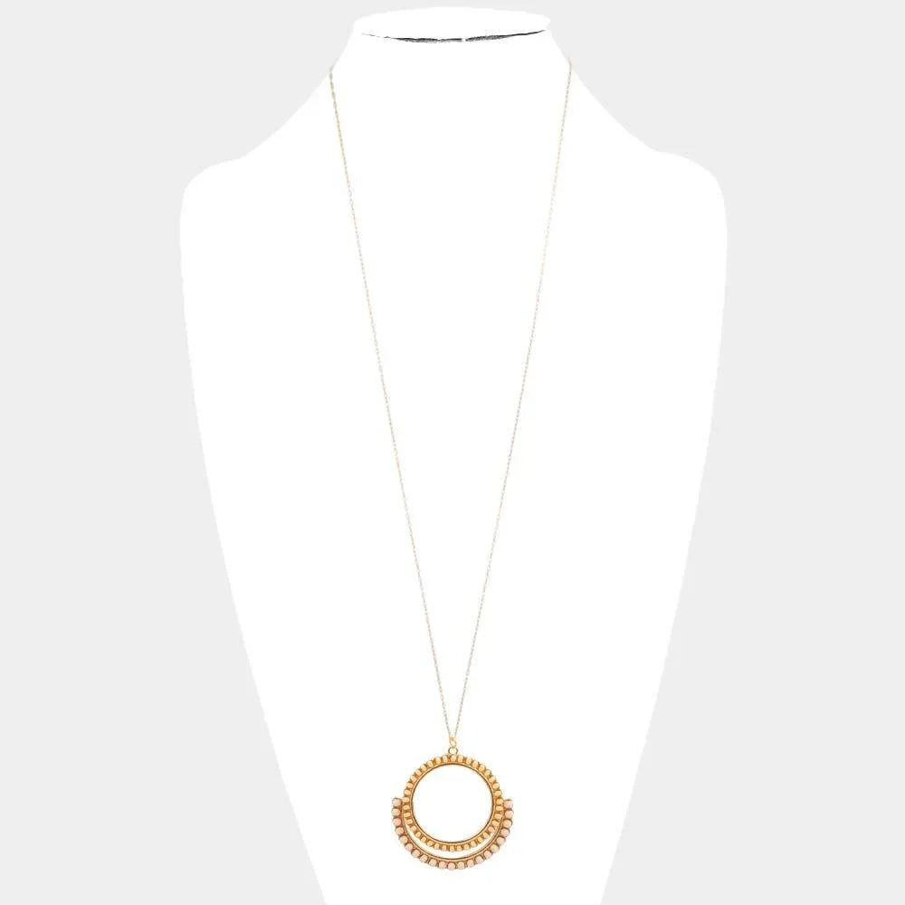 Wood Embellished Geometric Open Circle Pendant Long Necklace - Jewelry Store by Erik Rayo
