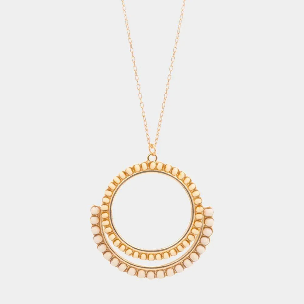 Wood Embellished Geometric Open Circle Pendant Long Necklace - Jewelry Store by Erik Rayo