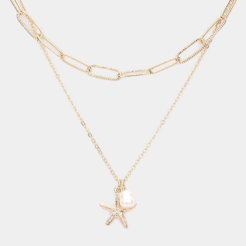 White Starfish Freshwater Pearl Pendant Double Layered Necklace