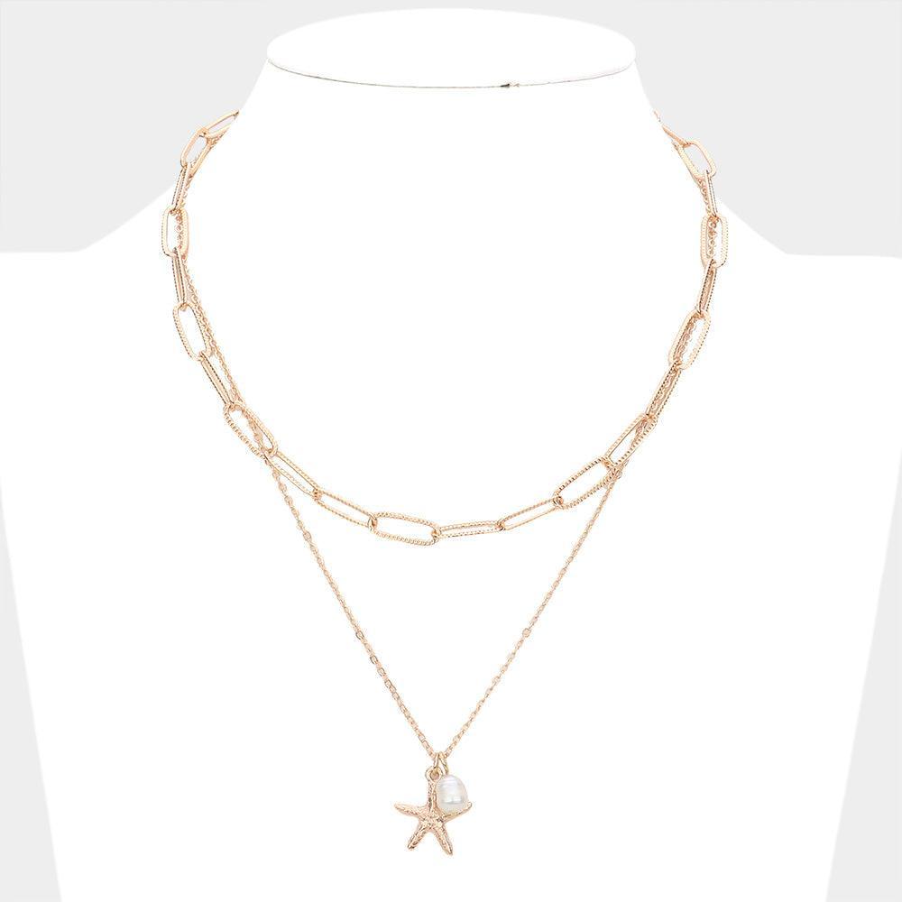 White Starfish Freshwater Pearl Pendant Double Layered Necklace