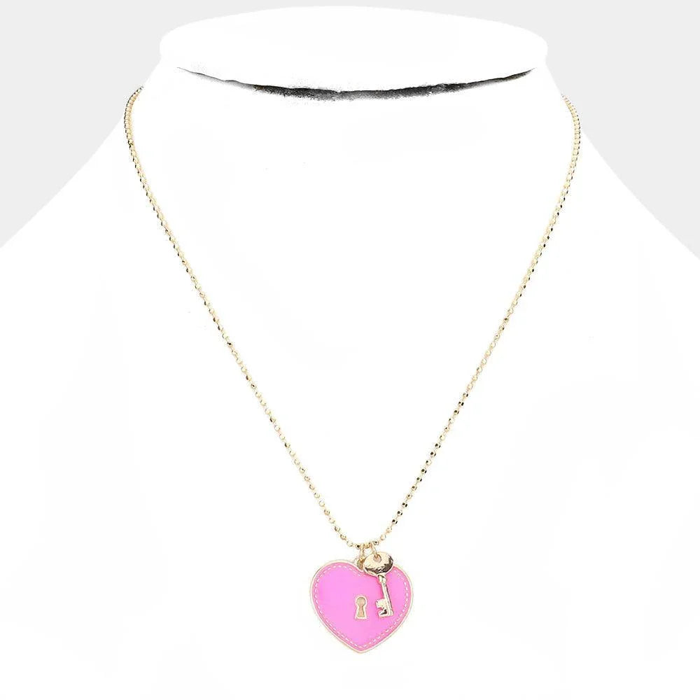 Pink Enamel Heart Lock Metal Key Pendant Necklace - Jewelry Store by Erik Rayo