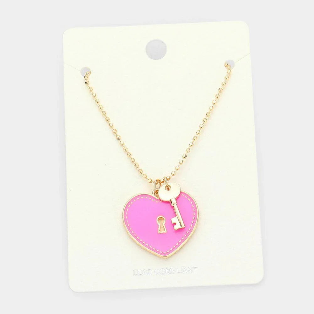 Pink Enamel Heart Lock Metal Key Pendant Necklace - Jewelry Store by Erik Rayo