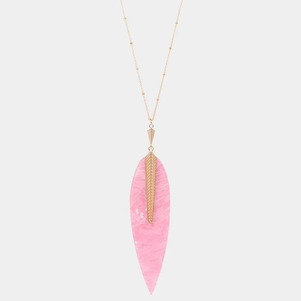 Pink Patterned Resin Leaf Pendant Long Necklace - Jewelry Store by Erik Rayo