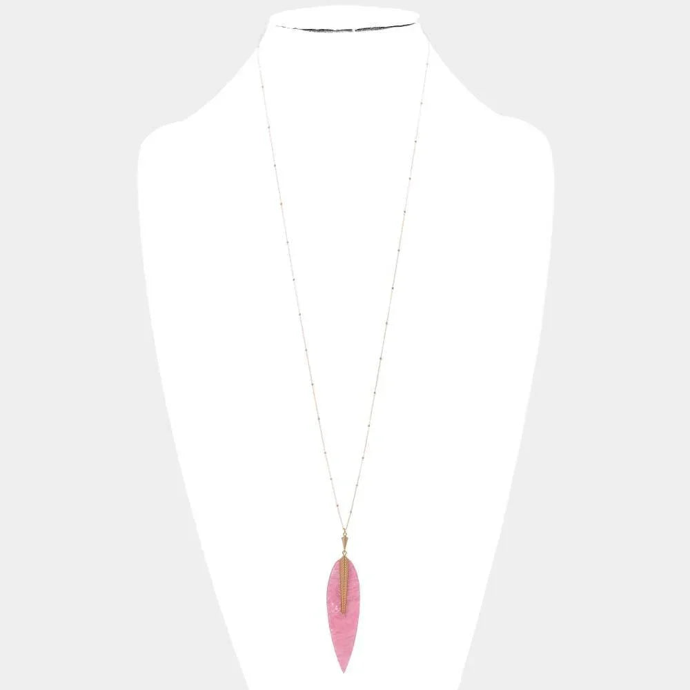 Pink Patterned Resin Leaf Pendant Long Necklace - Jewelry Store by Erik Rayo
