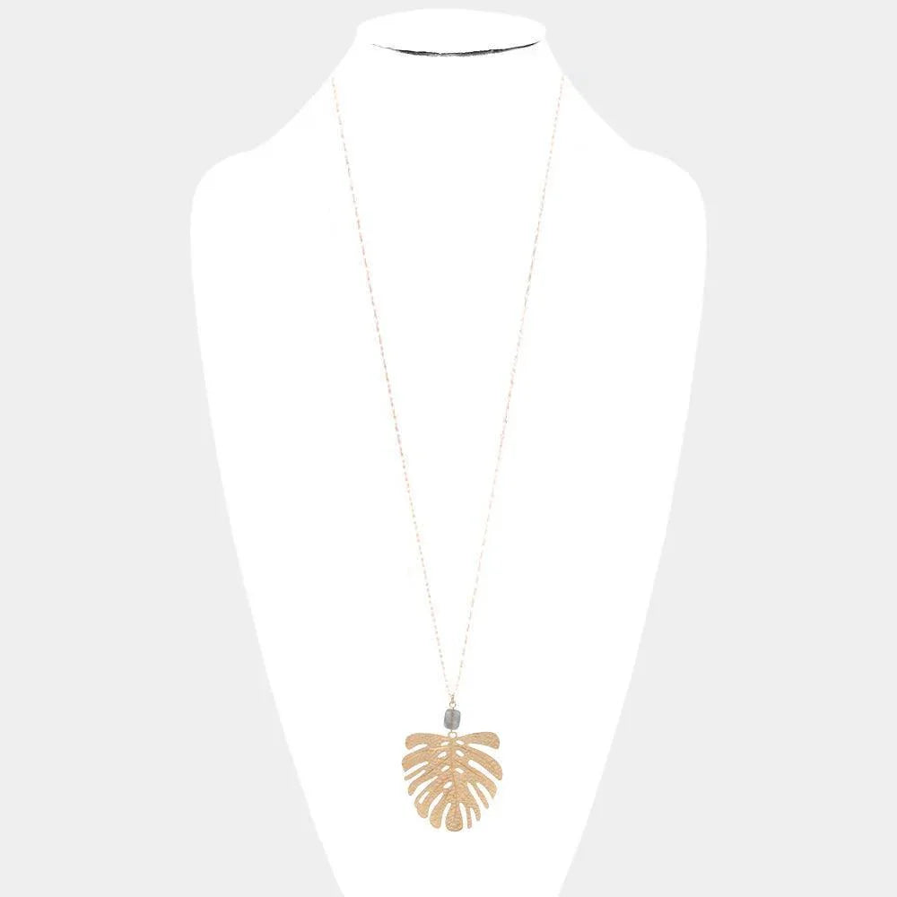 Gray Semi Precious Metal Tropical Leaf Link Pendant Long Necklace - Jewelry Store by Erik Rayo