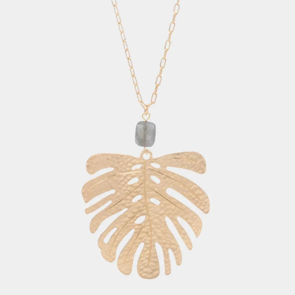 Gray Semi Precious Metal Tropical Leaf Link Pendant Long Necklace - Jewelry Store by Erik Rayo