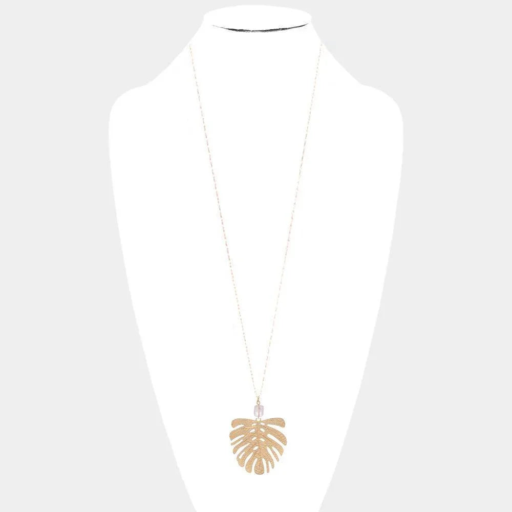 Pink Semi Precious Metal Tropical Leaf Link Pendant Long Necklace - Jewelry Store by Erik Rayo