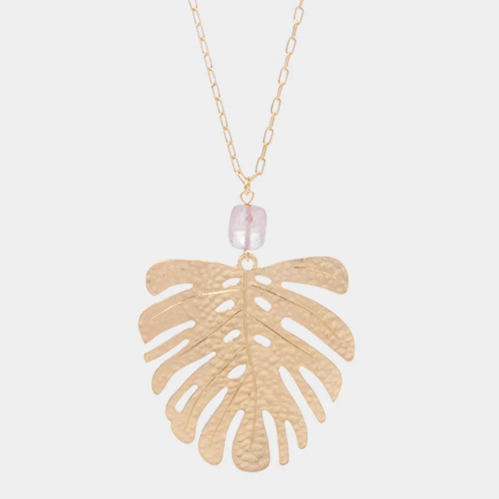 Pink Semi Precious Metal Tropical Leaf Link Pendant Long Necklace - Jewelry Store by Erik Rayo