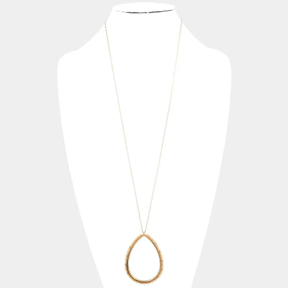 Wood Trimmed Open Teardrop Pendant Long Necklace - Jewelry Store by Erik Rayo
