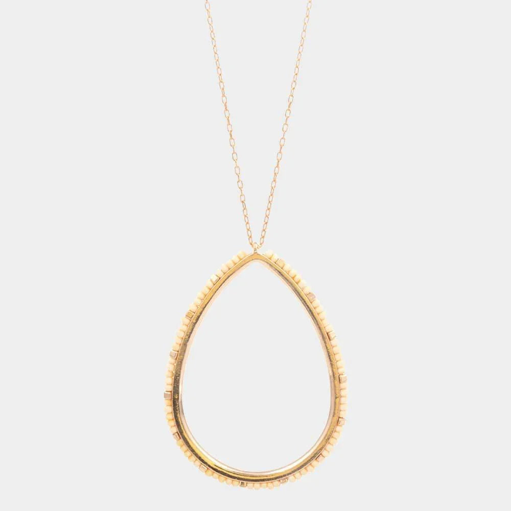 Wood Trimmed Open Teardrop Pendant Long Necklace - Jewelry Store by Erik Rayo