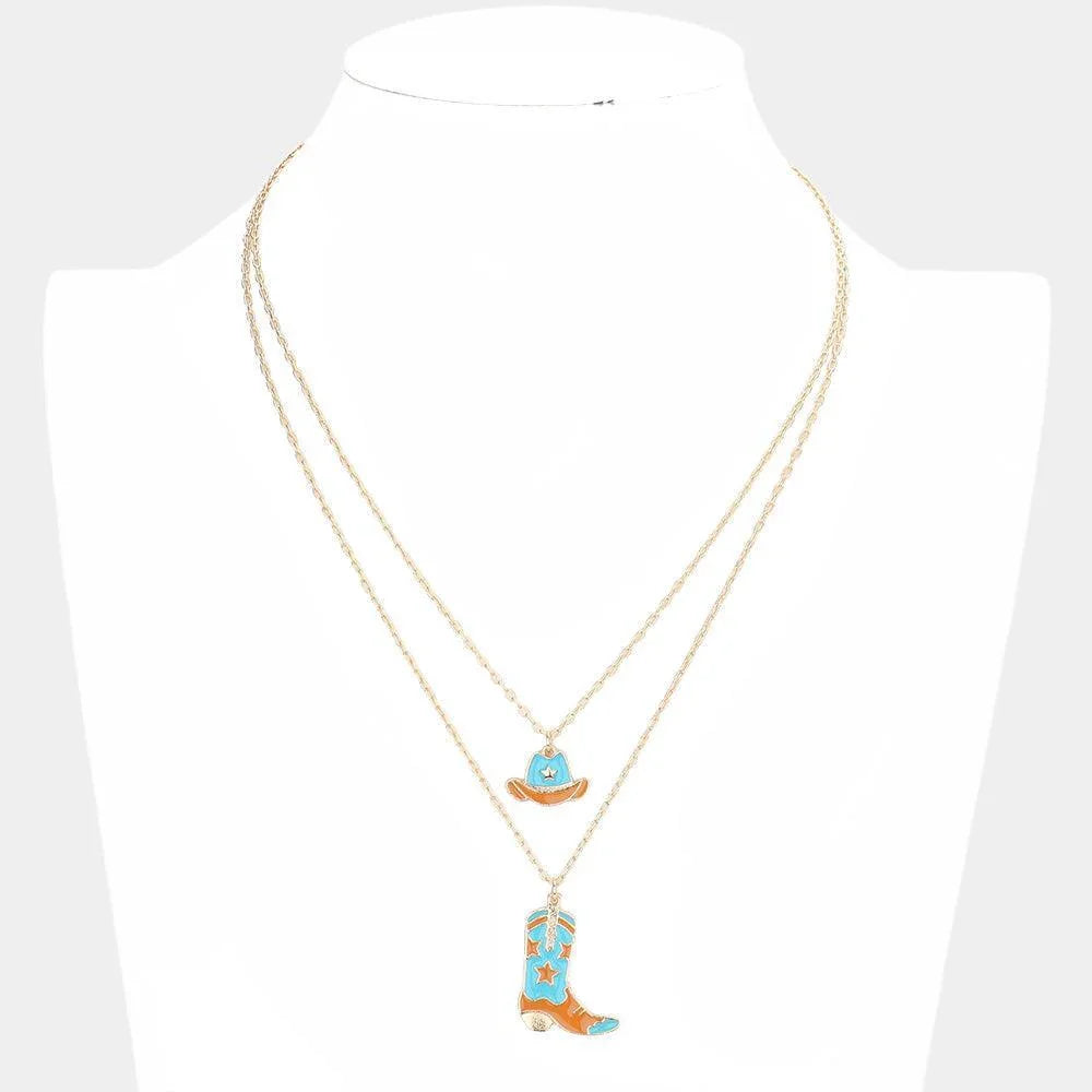 Turquoise Enamel Cowboy Boots Hat Pendant Necklace - Jewelry Store by Erik Rayo