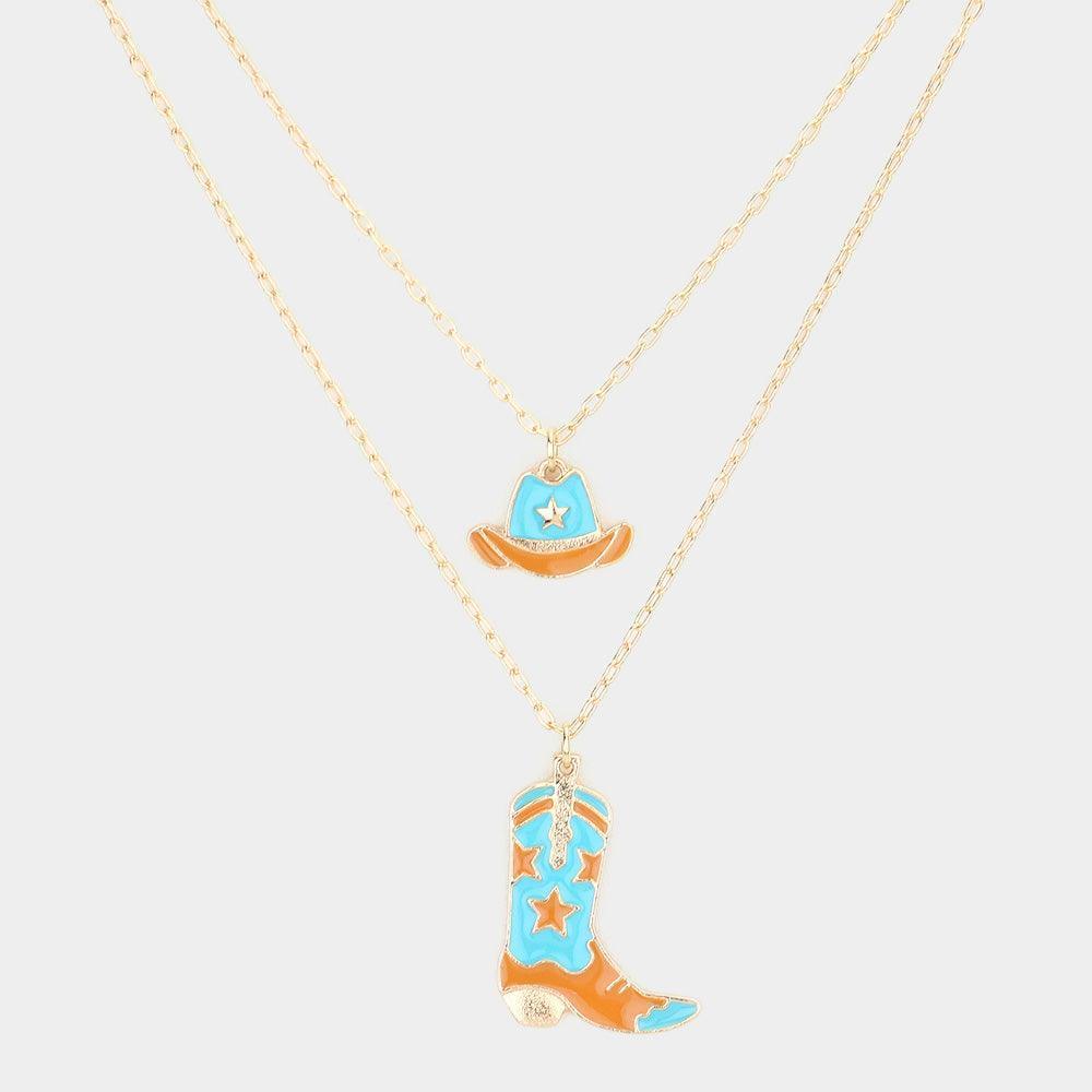 Turquoise Enamel Cowboy Boots Hat Pendant Necklace - Jewelry Store by Erik Rayo