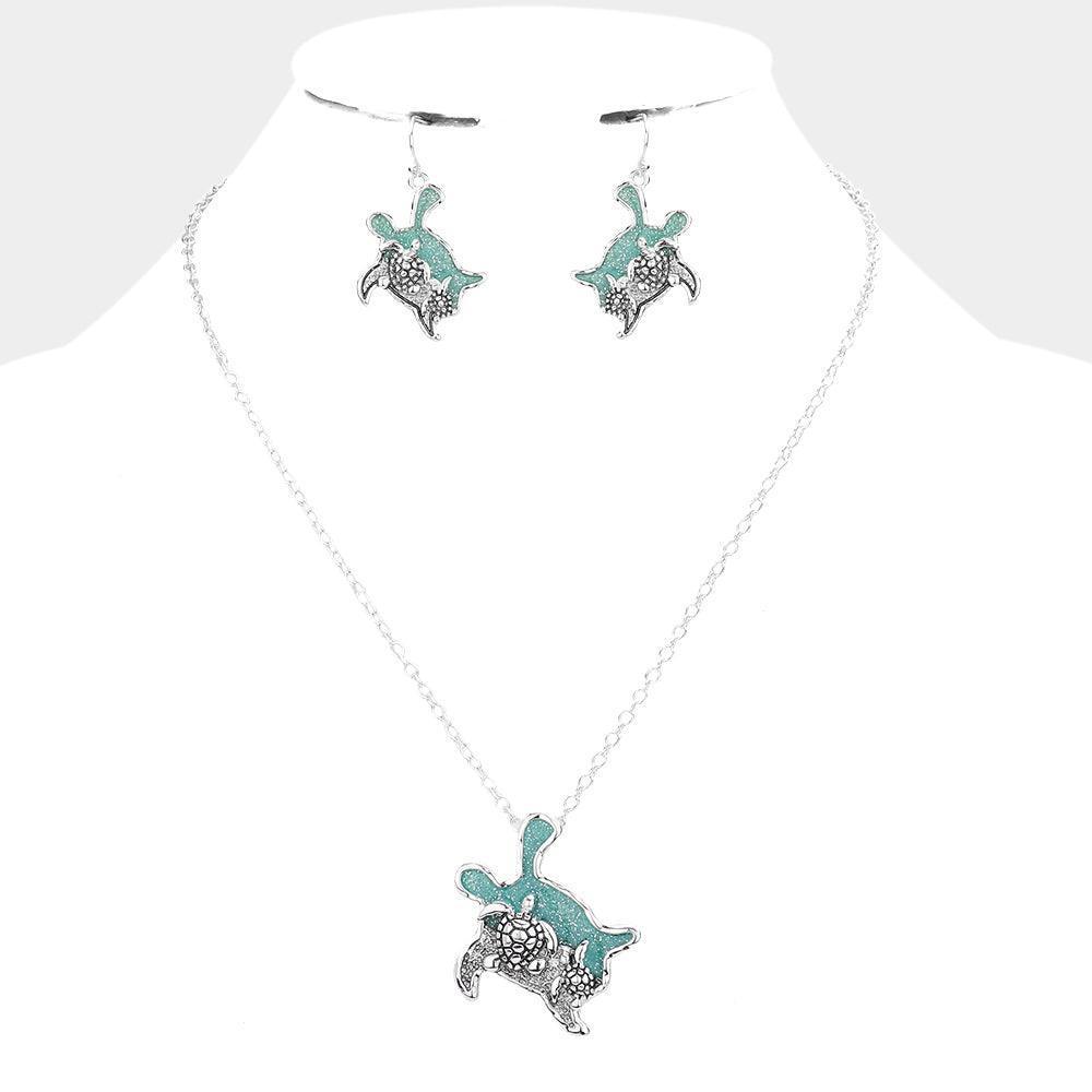 Turquoise Glittered Turtle Pendant Necklace - Jewelry Store by Erik Rayo