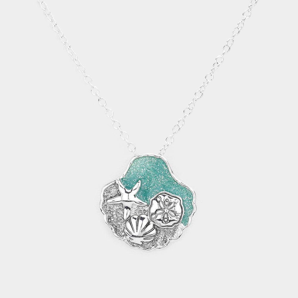 Turquoise Glittered Shell Metal Starfish Sand Dollar Pendant Necklace - Jewelry Store by Erik Rayo