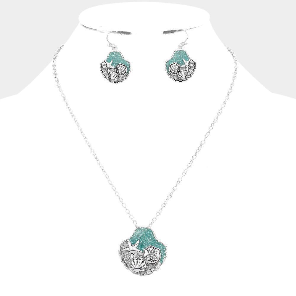 Turquoise Glittered Shell Metal Starfish Sand Dollar Pendant Necklace - Jewelry Store by Erik Rayo