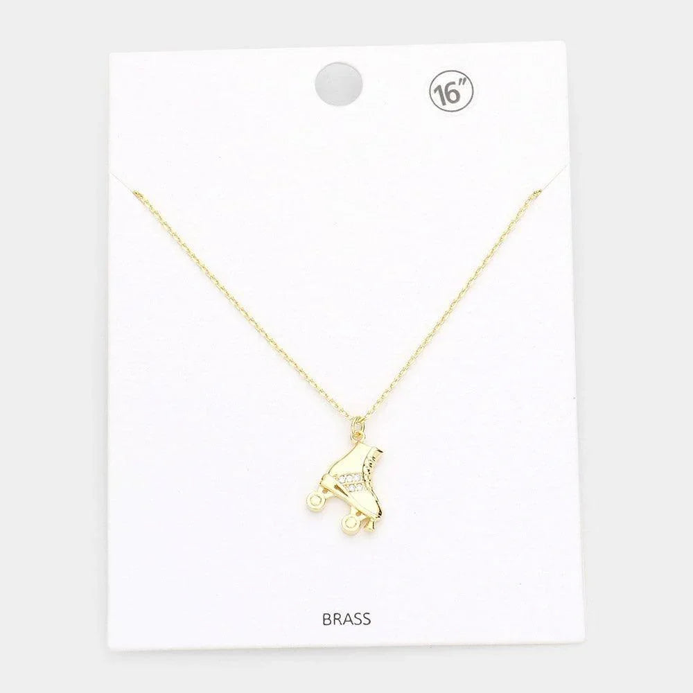 Gold Brass Metal Stone Embellished Roller Skate Pendant Necklace - Jewelry Store by Erik Rayo