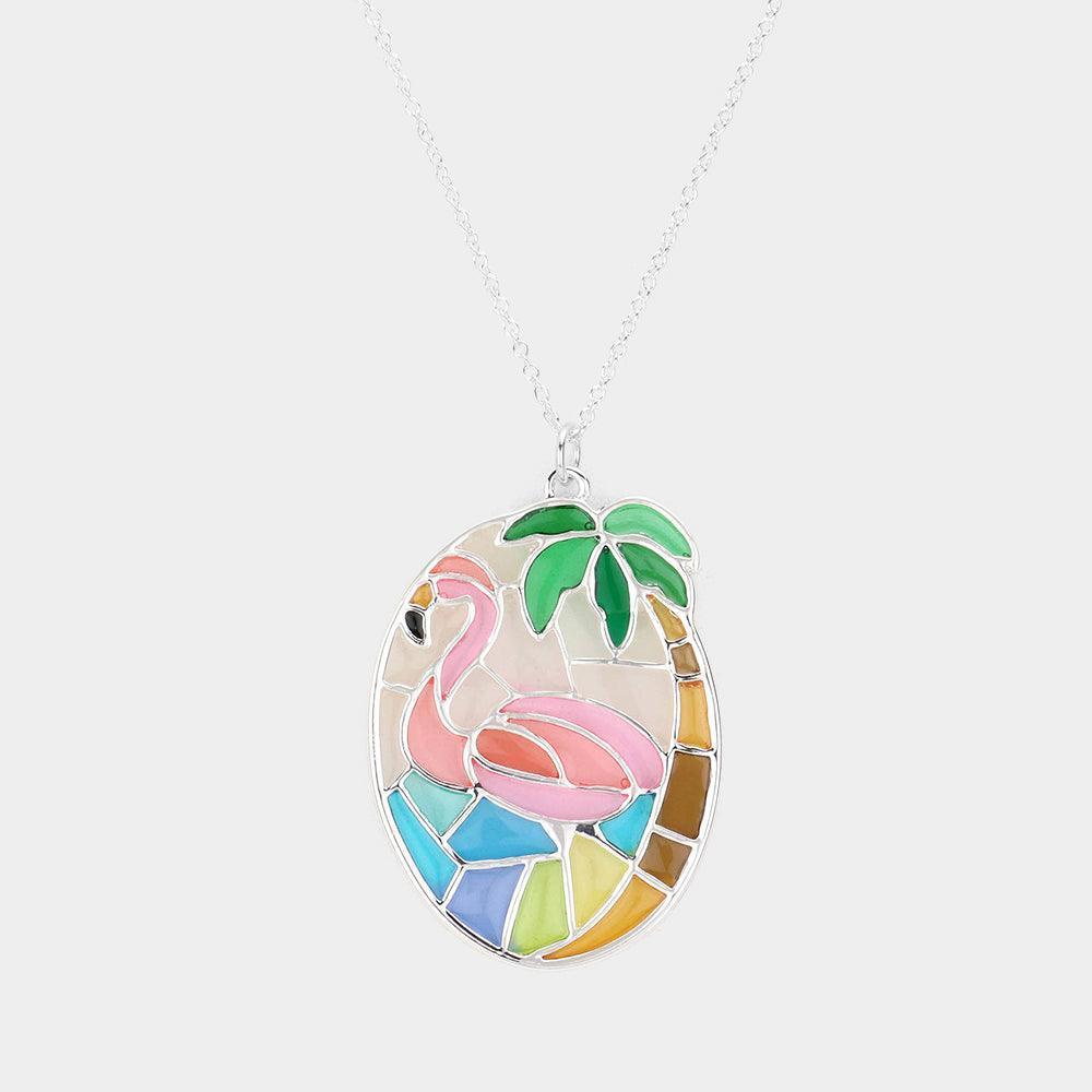 Colorful Flamingo Palm Tree Pendant Necklace - Jewelry Store by Erik Rayo