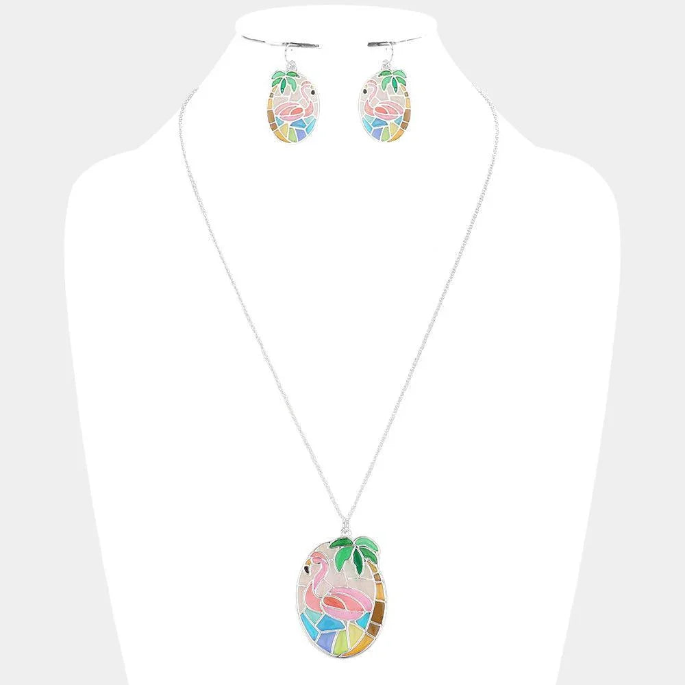 Colorful Flamingo Palm Tree Pendant Necklace - Jewelry Store by Erik Rayo