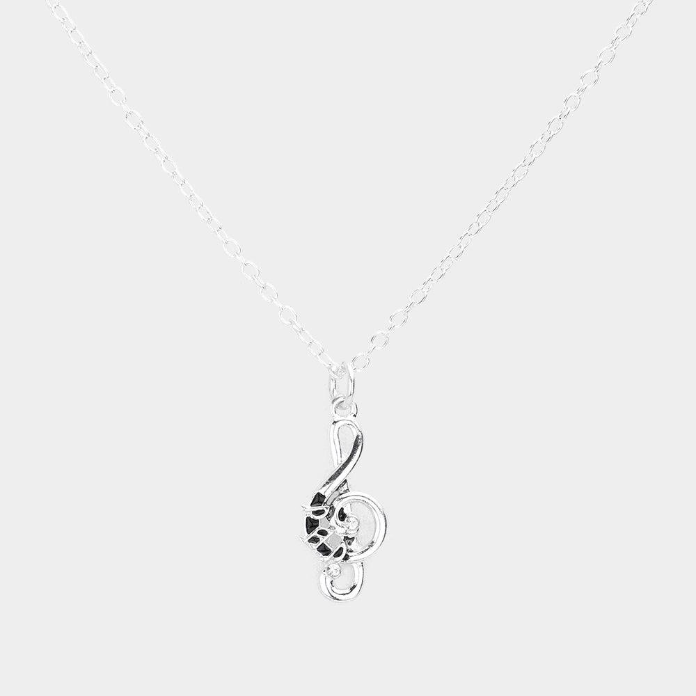 Silver Rhinestone Embellished Metal Treble Clef Pendant Necklace - Jewelry Store by Erik Rayo