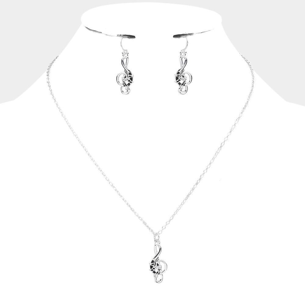 Silver Rhinestone Embellished Metal Treble Clef Pendant Necklace - Jewelry Store by Erik Rayo