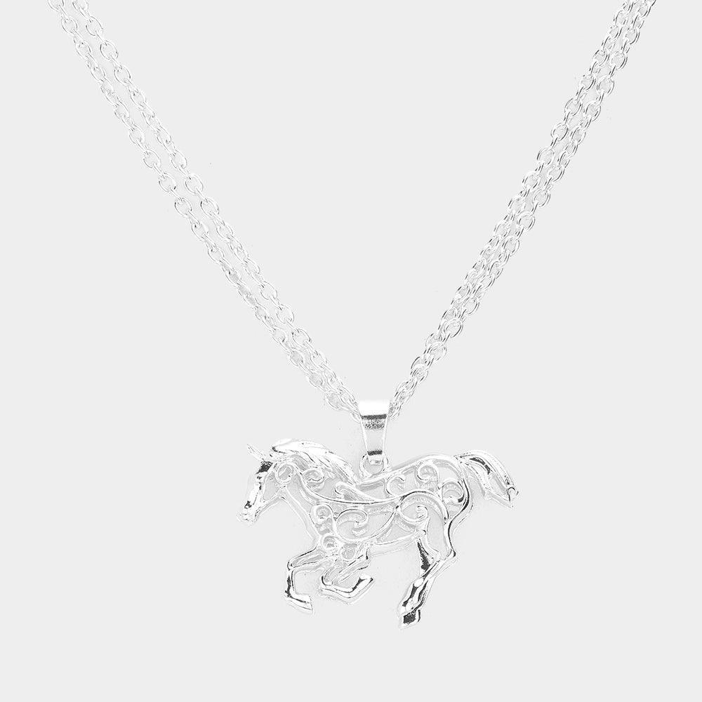 Silver Filigree Metal Running Horse Pendant Necklace - Jewelry Store by Erik Rayo