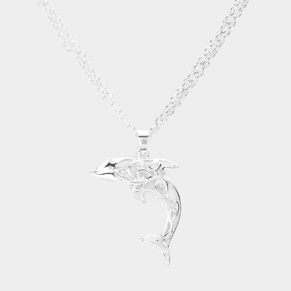 Silver Filigree Metal Dolphin Pendant Necklace - Jewelry Store by Erik Rayo