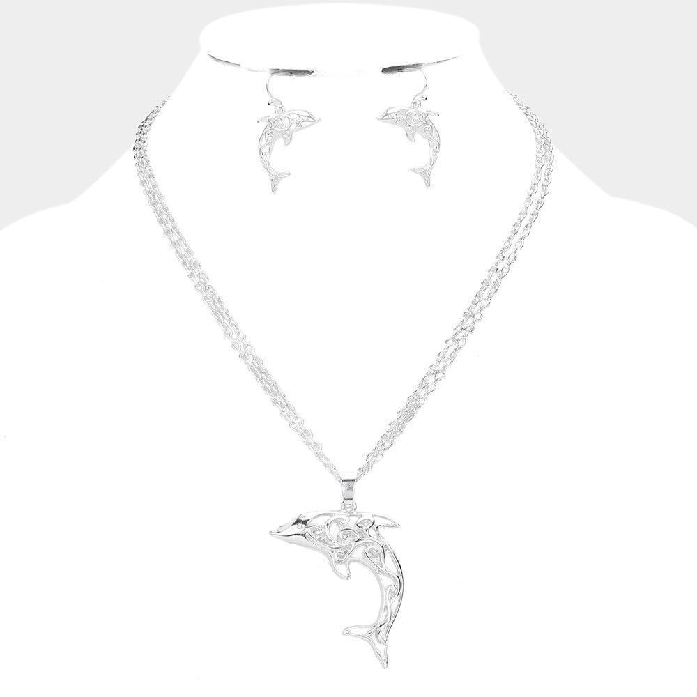 Silver Filigree Metal Dolphin Pendant Necklace - Jewelry Store by Erik Rayo