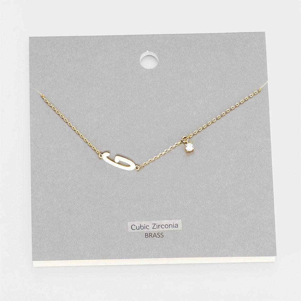 Gold Brass Metal Cubic Zirconia Monogram Pendant Necklace