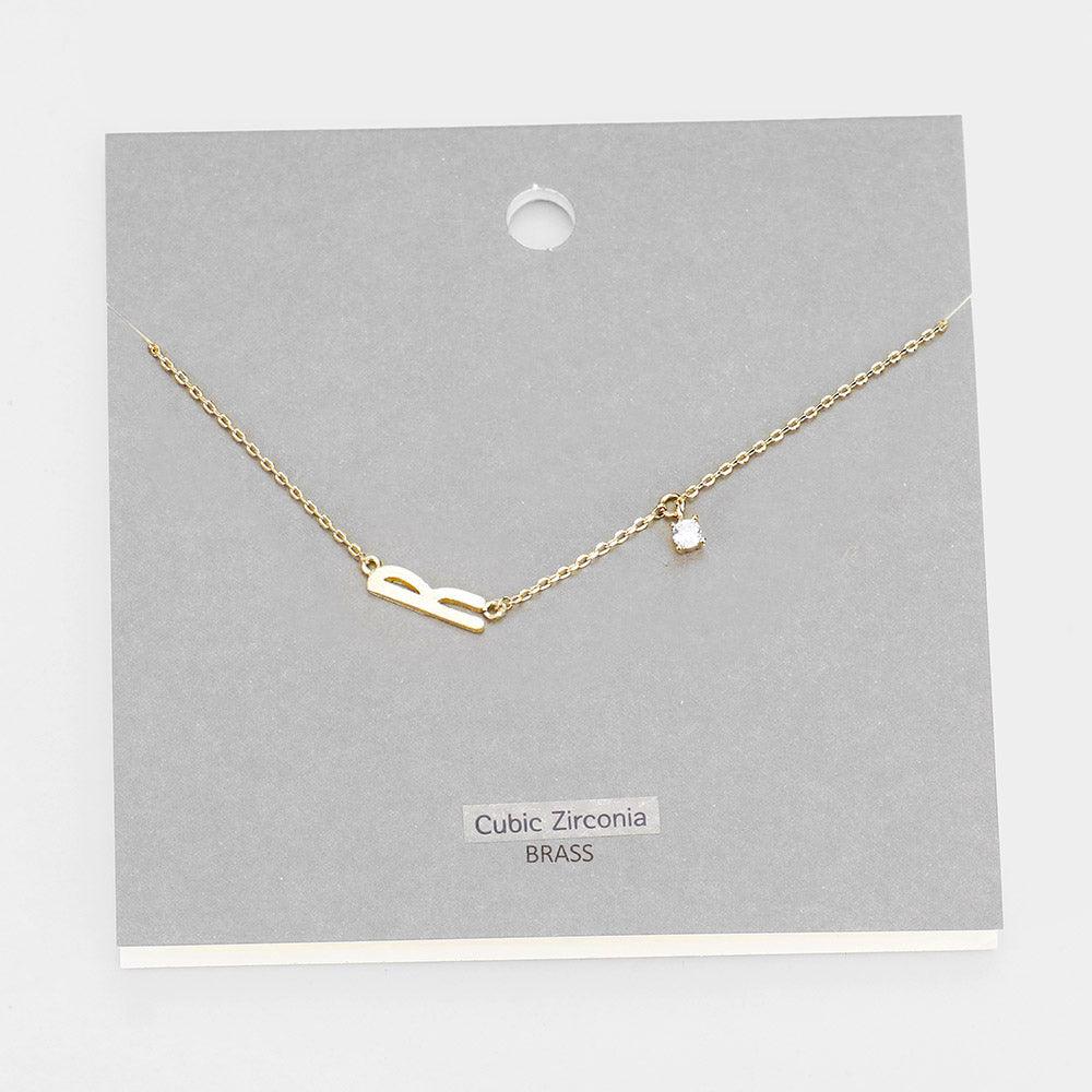 Gold Brass Metal Cubic Zirconia Monogram Pendant Necklace