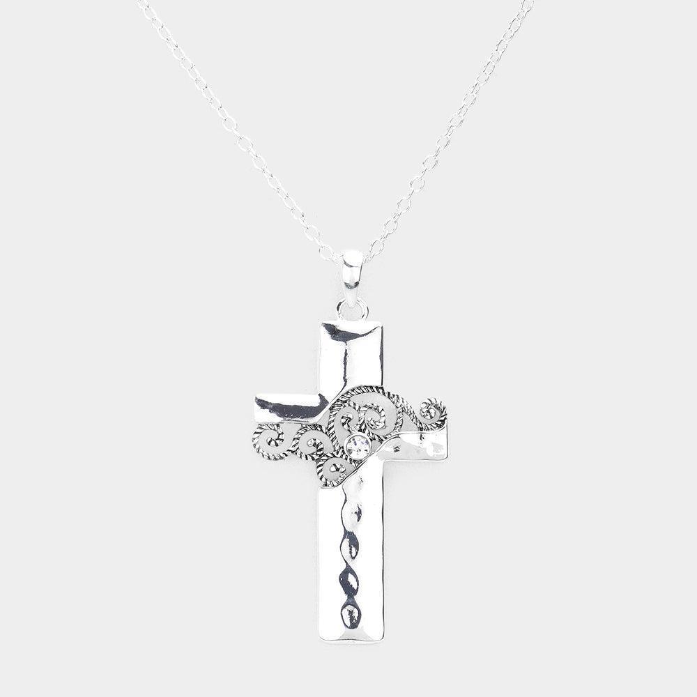 Silver Stone Embellished Swirl Detailed Metal Cross Pendant Necklace - Jewelry Store by Erik Rayo
