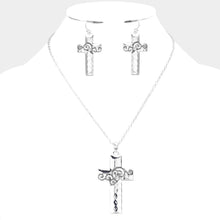 Load image into Gallery viewer, Silver Stone Embellished Swirl Detailed Metal Cross Pendant Necklace
