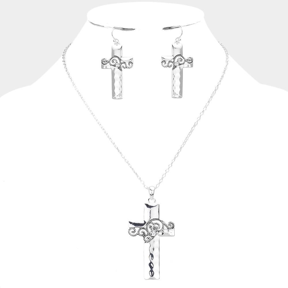 Silver Stone Embellished Swirl Detailed Metal Cross Pendant Necklace