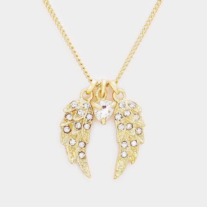 Gold Crystal Wing Heart Bead Pendant Necklace