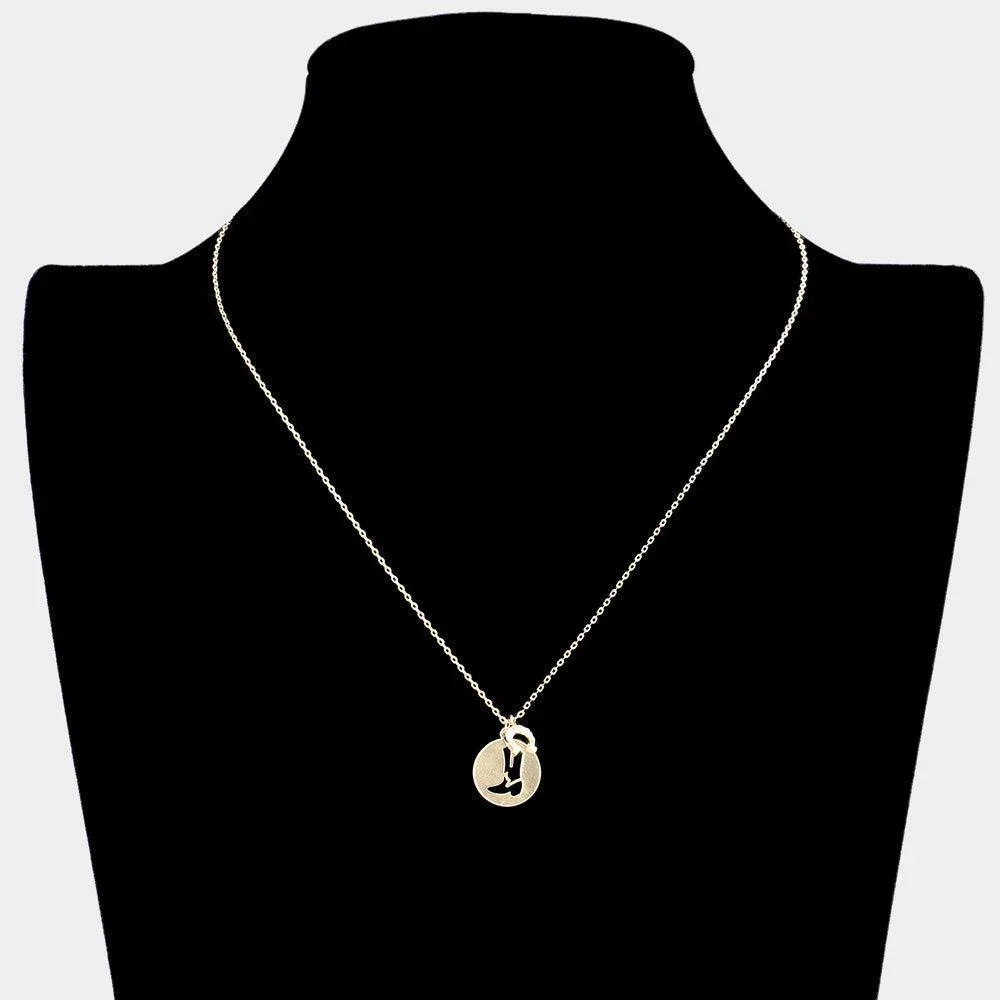 Gold Cut Out Brass Metal Western Boot Horseshoe Pendant Necklace - Jewelry Store by Erik Rayo