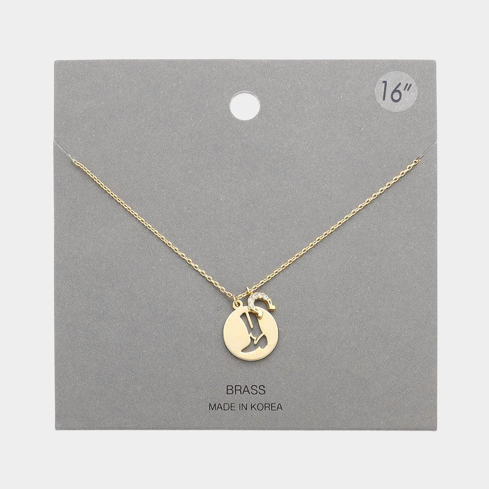 Gold Cut Out Brass Metal Western Boot Horseshoe Pendant Necklace - Jewelry Store by Erik Rayo