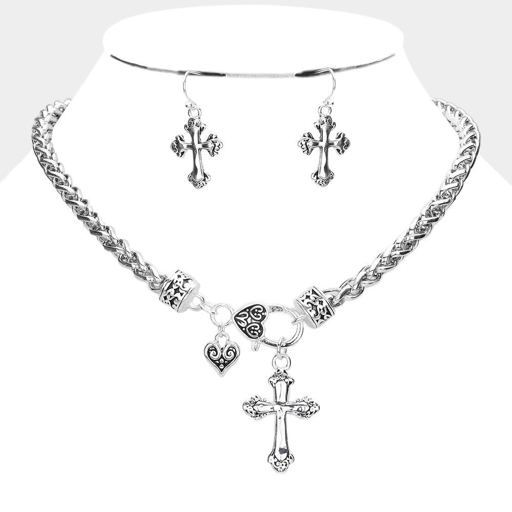 Silver Embossed Antique Metal Cross Pendant Necklace