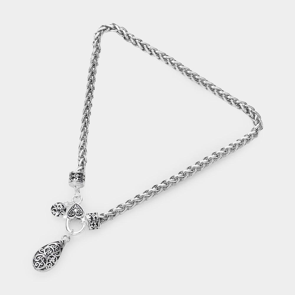 Silver Embossed Antique Metal Textured Teardrop Pendant Necklace - Jewelry Store by Erik Rayo